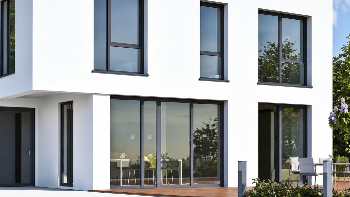 kachel-fenster Modernes Wohnhaus mit grossflaechigen Fenstern