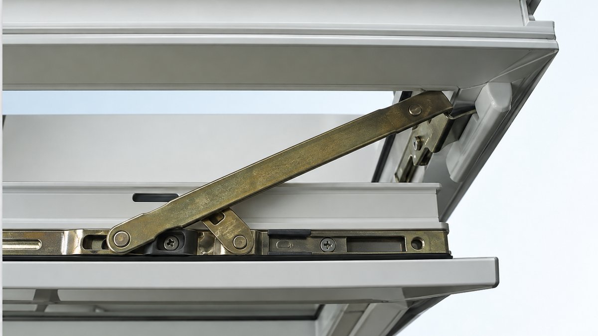 kachel-fensterreparaturen Fensterbeschlag im Detail, geoeffneter Fluegel